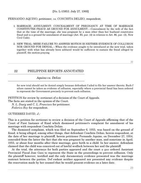 Case Digests :): Aquino v. Delizo 109 Phil 21.